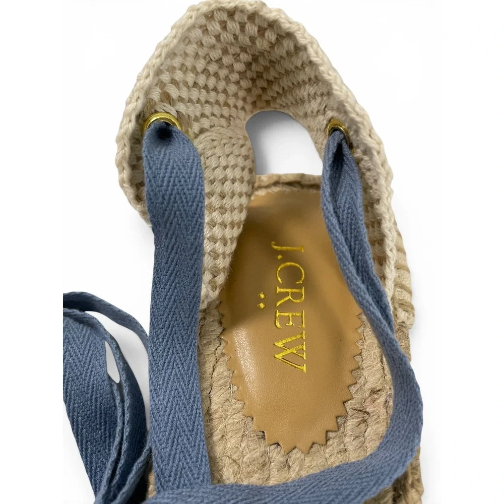 J.Crew Canvas Ankle Tie Espadrille Flats Womens‎ 8 Blue Chambray Stripe NWOB